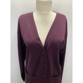 Kadın Vizon Uzun Düğmeli Cepli Anne Penye Hırka thumbnail 8