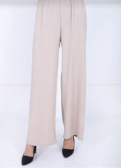 Fresh&Moda Kadın Bej Beli Lastikli Ayrobin Kumaş Bol Paça Büyük Beden Pantolon - 1
