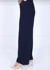 Fresh&Moda Kadın Lacivert Beli Lastikli Ayrobin Kumaş Bol Paça Büyük Beden Pantolon - 2
