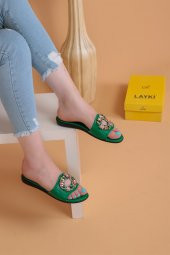 Lemis  Yeşil Renk Taşlı Terlik - 6