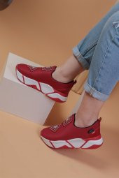 İmmobile Kırmızı Renkli Önü Parlak Taşlı Paraşüt Kumaş Lux Kadın Spor Ayakkabı - 2