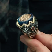 Mührü Süleyman İşleme Sıkma Kehribar Taşlı 925 Gümüş Erkek Yüzük - 6