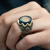 Mührü Süleyman İşleme Sıkma Kehribar Taşlı 925 Gümüş Erkek Yüzük - 7