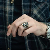 Ayyıldız Desenli Sıkma Kehribar Taşlı 925 Gümüş Erkek Yüzük - 8