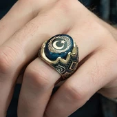 Ayyıldız Desenli Sıkma Kehribar Taşlı 925 Gümüş Erkek Yüzük - 4