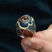 Ayyıldız Desenli Sıkma Kehribar Taşlı 925 Gümüş Erkek Yüzük - 3