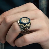 Mührü Süleyman İşleme Sıkma Kehribar Taşlı 925 Gümüş Erkek Yüzük - 4