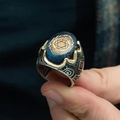 Mührü Süleyman İşleme Sıkma Kehribar Taşlı 925 Gümüş Erkek Yüzük - 8