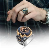 Ayyıldız Desenli Sıkma Kehribar Taşlı 925 Gümüş Erkek Yüzük - 1