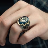 Ayyıldız Desenli Sıkma Kehribar Taşlı 925 Gümüş Erkek Yüzük - 7