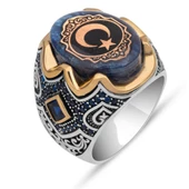 Ayyıldız Desenli Sıkma Kehribar Taşlı 925 Gümüş Erkek Yüzük - 2