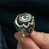 Ayyıldız Desenli Sıkma Kehribar Taşlı 925 Gümüş Erkek Yüzük - 6