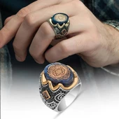 Mührü Süleyman İşleme Sıkma Kehribar Taşlı 925 Gümüş Erkek Yüzük - 1