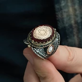 Mührü Süleyman İşleme Sıkma Kehribar Taşlı 925 Gümüş Erkek Yüzük - 7