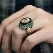 Mührü Süleyman İşleme Sıkma Kehribar Taşlı 925 Gümüş Erkek Yüzük - 3