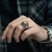 Mührü Süleyman İşleme Sıkma Kehribar Taşlı 925 Gümüş Erkek Yüzük - 4