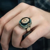 Mührü Süleyman İşleme Sıkma Kehribar Taşlı 925 Gümüş Erkek Yüzük - 7