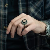 Mührü Süleyman İşleme Sıkma Kehribar Taşlı 925 Gümüş Erkek Yüzük - 4