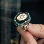 Mührü Süleyman İşleme Sıkma Kehribar Taşlı 925 Gümüş Erkek Yüzük - 9