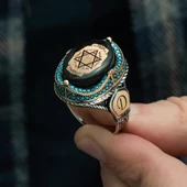 Mührü Süleyman İşleme Sıkma Kehribar Taşlı 925 Gümüş Erkek Yüzük - 6