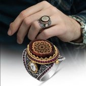 Kırmızı Sıkma Kehribar Taşlı 925 Gümüş Erkek Yüzük - 1