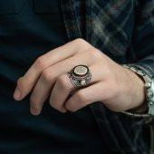 Kırmızı Sıkma Kehribar Taşlı 925 Gümüş Erkek Yüzük - 5