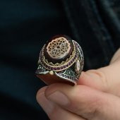 Kırmızı Sıkma Kehribar Taşlı 925 Gümüş Erkek Yüzük - 7