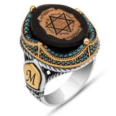 Mührü Süleyman İşleme Sıkma Kehribar Taşlı 925 Gümüş Erkek Yüzük - 2