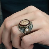 Mührü Süleyman İşleme Sıkma Kehribar Taşlı 925 Gümüş Erkek Yüzük - 8