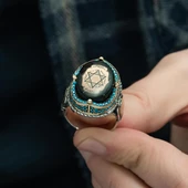 Mührü Süleyman İşleme Sıkma Kehribar Taşlı 925 Gümüş Erkek Yüzük - 8