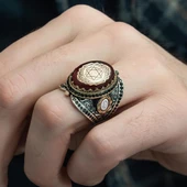 Mührü Süleyman İşleme Sıkma Kehribar Taşlı 925 Gümüş Erkek Yüzük - 6