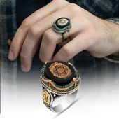 Mührü Süleyman İşleme Sıkma Kehribar Taşlı 925 Gümüş Erkek Yüzük - 1