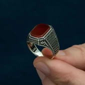 Kare Akik Taşlı Lale Motifli 925 Gümüş Erkek Yüzük - 4