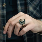 Mührü Süleyman İşleme Sıkma Kehribar Taşlı 925 Gümüş Erkek Yüzük - 5