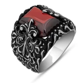 Kırmızı Taşlı Erzurum Oyma Motifli 925 Gümüş Erkek Yüzük thumbnail 2