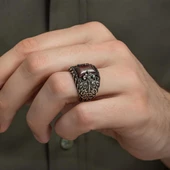 Kırmızı Taşlı Erzurum Oyma Motifli 925 Gümüş Erkek Yüzük thumbnail 7