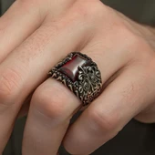 Kırmızı Taşlı Erzurum Oyma Motifli 925 Gümüş Erkek Yüzük thumbnail 3