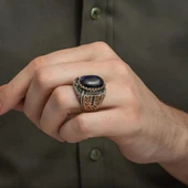 Mavi Kaplan Gözü Taşlı 925 Gümüş Erkek Yüzük - 9