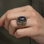 Mavi Kaplan Gözü Taşlı 925 Gümüş Erkek Yüzük - 8