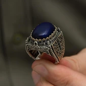 Mavi Kaplan Gözü Taşlı 925 Gümüş Erkek Yüzük - 7