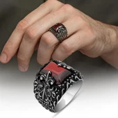 Kırmızı Taşlı Erzurum Oyma Motifli 925 Gümüş Erkek Yüzük thumbnail 1