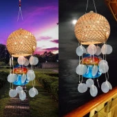 Rüzgar Çanı Jüt ip Hasır Top Kafesli Led Işıklı Lamba Beyaz Sedefli thumbnail 2