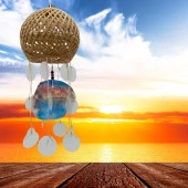 Rüzgar Çanı Jüt ip Hasır Top Kafesli Led Işıklı Lamba Beyaz Sedefli thumbnail 5