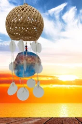 Rüzgar Çanı Jüt ip Hasır Top Kafesli Led Işıklı Lamba Beyaz Sedefli thumbnail 9