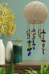 Rüzgar Çanı Jüt ip Hasır Top Kafesli Lamba Başlığı Renkli Nazar Boncuklu thumbnail 11