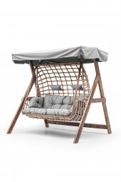 Girne Swing Ahşap Rattan Salıncak Dış Mekan Bahçe Balkon Ve Teras Salıncağı Gri - 3