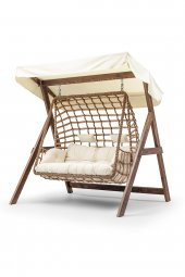 Girne Swing Ahşap Rattan Salıncak Dış Mekan Bahçe Balkon Ve Teras Salıncağı Krem - 1