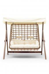 Girne Swing Ahşap Rattan Salıncak Dış Mekan Bahçe Balkon Ve Teras Salıncağı Krem - 2