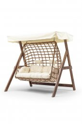Girne Swing Ahşap Rattan Salıncak Dış Mekan Bahçe Balkon Ve Teras Salıncağı Krem - 3