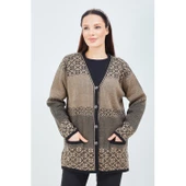 Kadın Vizon Renk Desenli Triko Düğmeli Cepli Kışlık Anne Hırkası - 2
